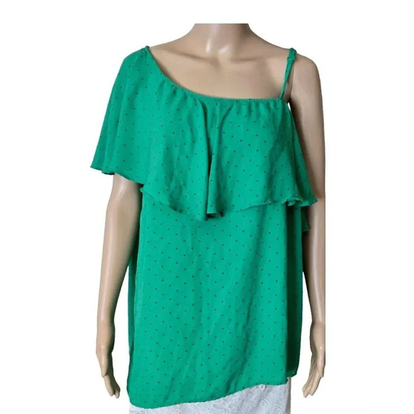 Torrid Georgette Blouse Green Polka Dot One Shoulder RUFFLE size 2X - Picture 1 of 7